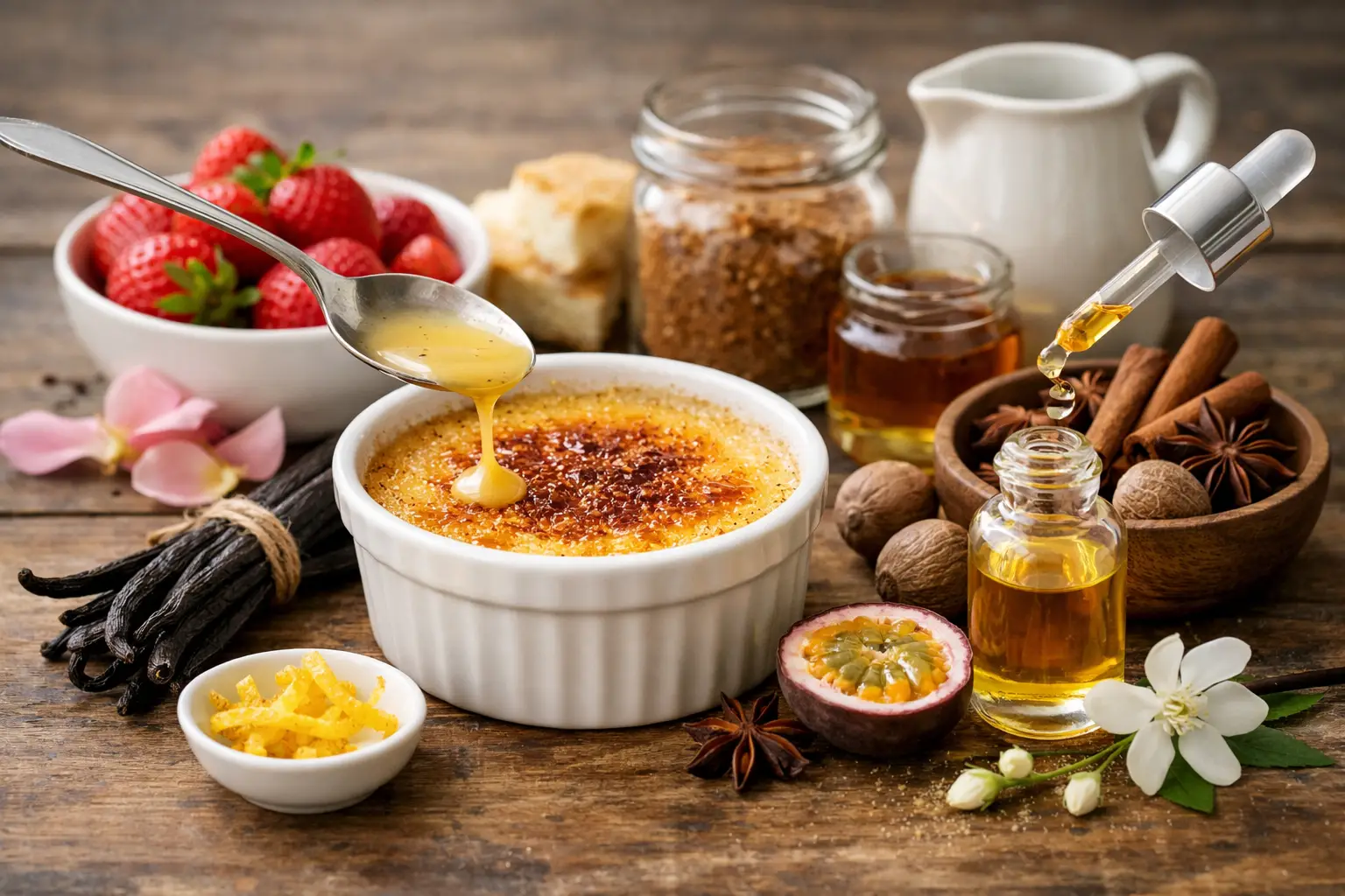 Crème brûlée avec épices et fruits pour parfumer un dessert maison.