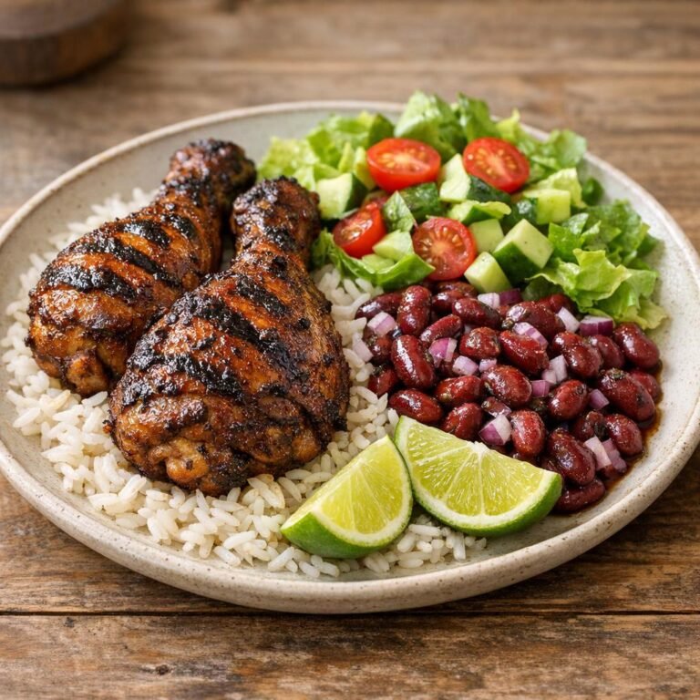 Cuisses de poulet au Jamaïcain jerk, riz et haricots rouges avec Jamaïcain jerk