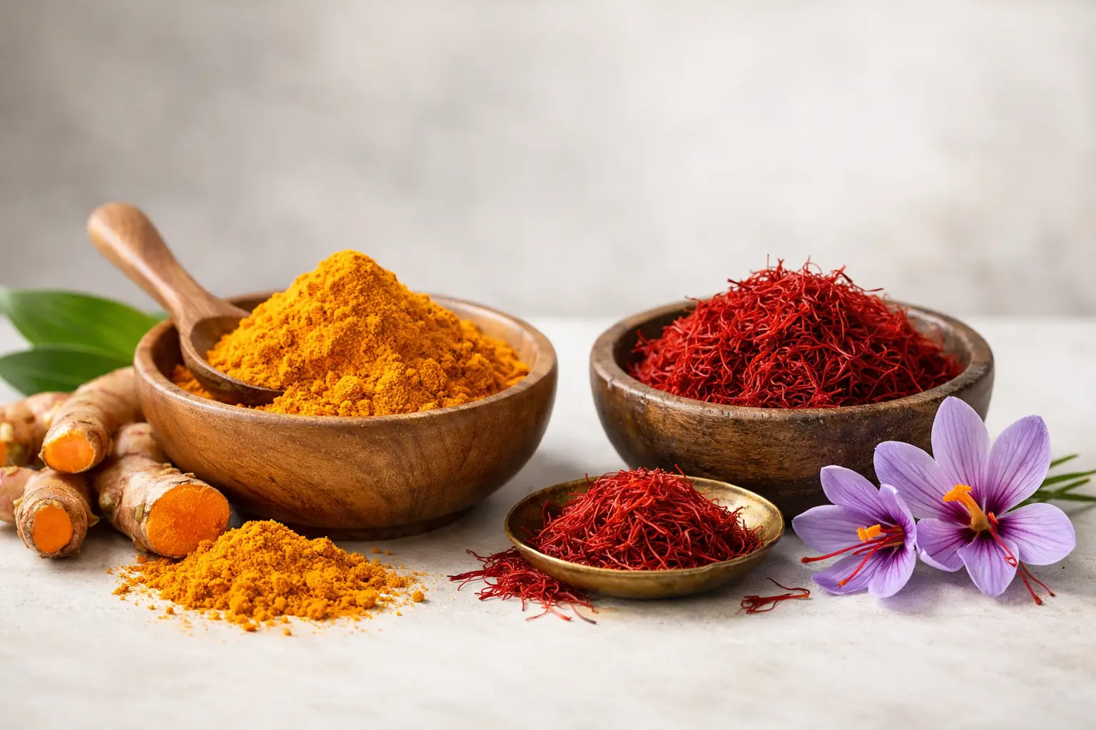 Épices de curcuma et safran dans des bols en bois avec fleurs violettes.