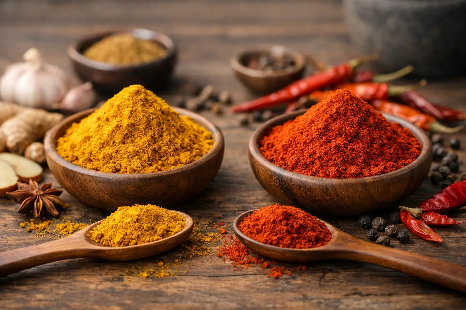 Épices en poudre jaune et rouge dans des bols en bois sur une table en bois.