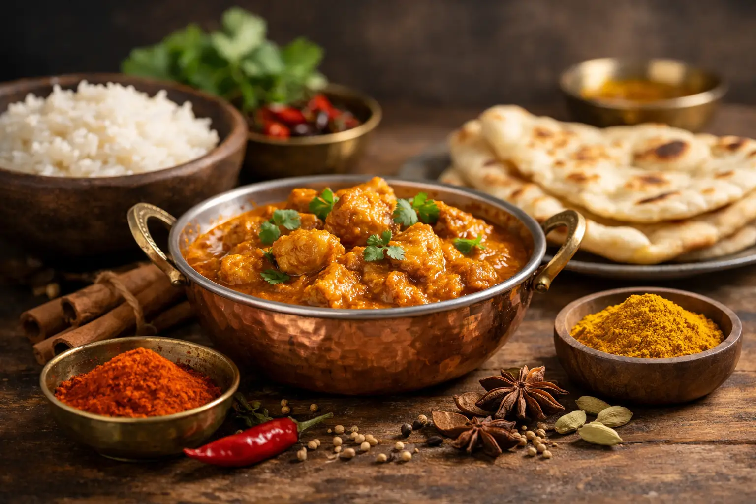 Plat de curry épicé avec riz, naan et épices variées.