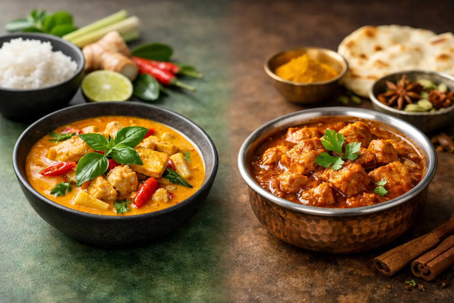 Deux plats de curry thaï et indien avec accompagnements variés.