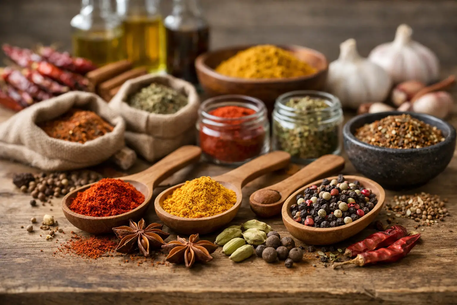 Épices variées dans des cuillères en bois sur une table en bois.
