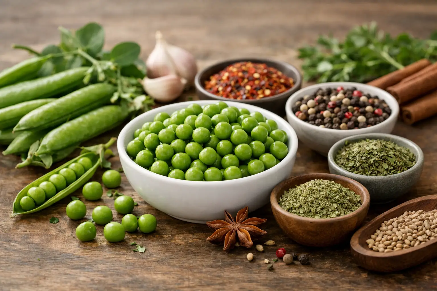 Épices et légumes frais pour accords culinaires avec petits pois.