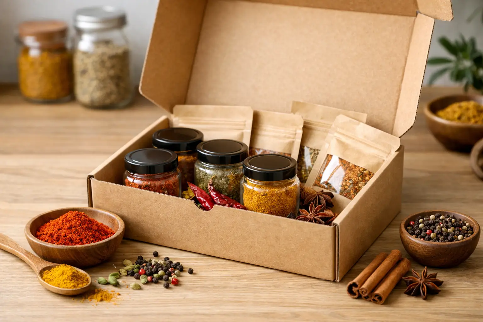 Coffret d'épices bio dans une boîte en carton avec bocaux et sachets.