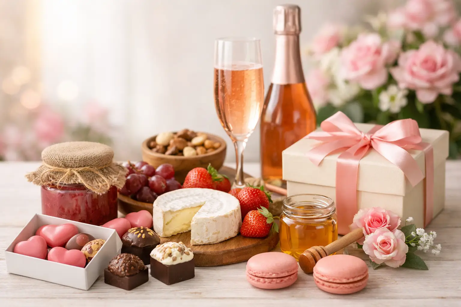 Coffret gourmand avec macarons, fruits, miel et champagne pour fête des mères.