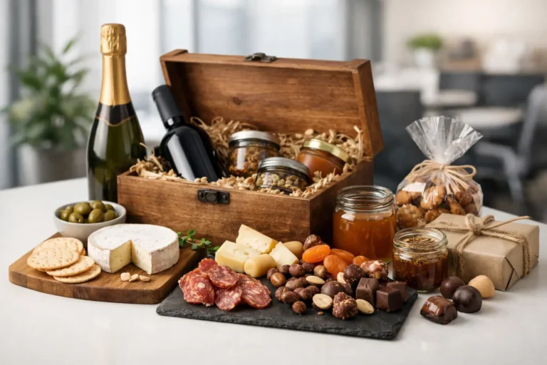 Coffret gourmand avec champagne, fromages, charcuterie et épices bio.