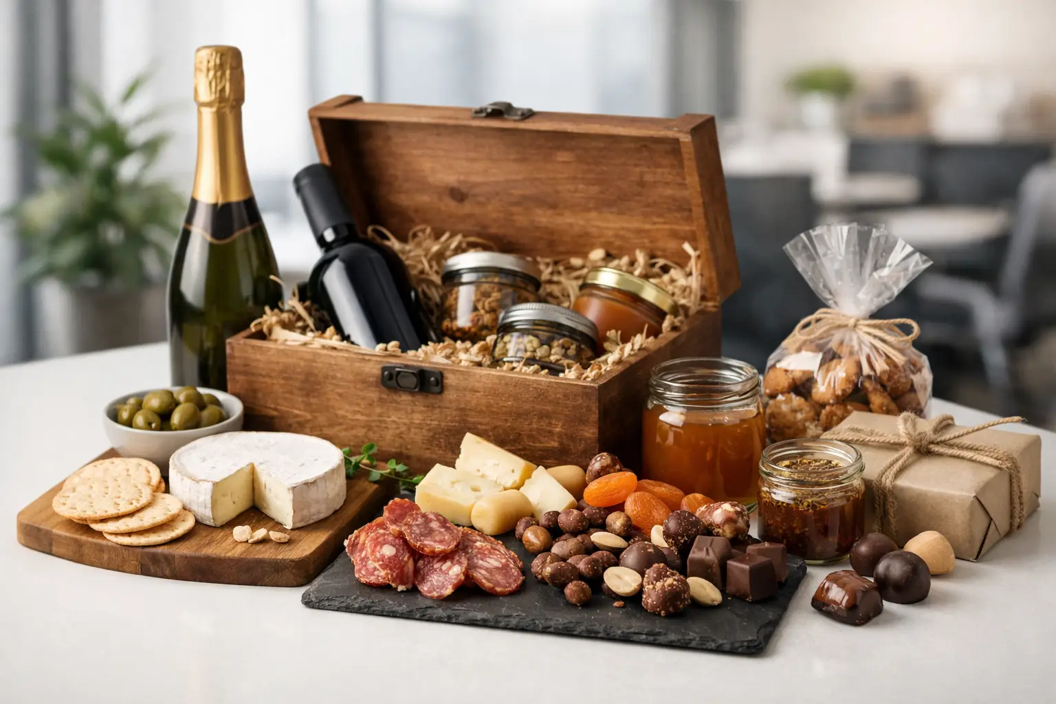 Coffret gourmand avec champagne, fromages, charcuterie et épices bio.