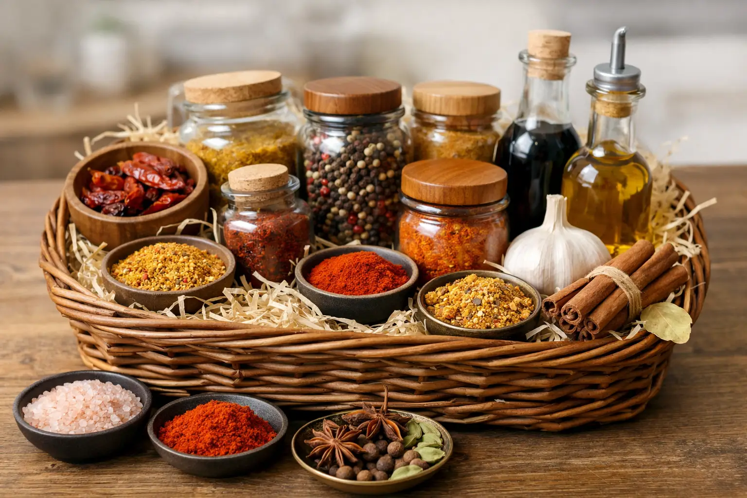 Épices et condiments dans un panier en osier sur une table en bois.