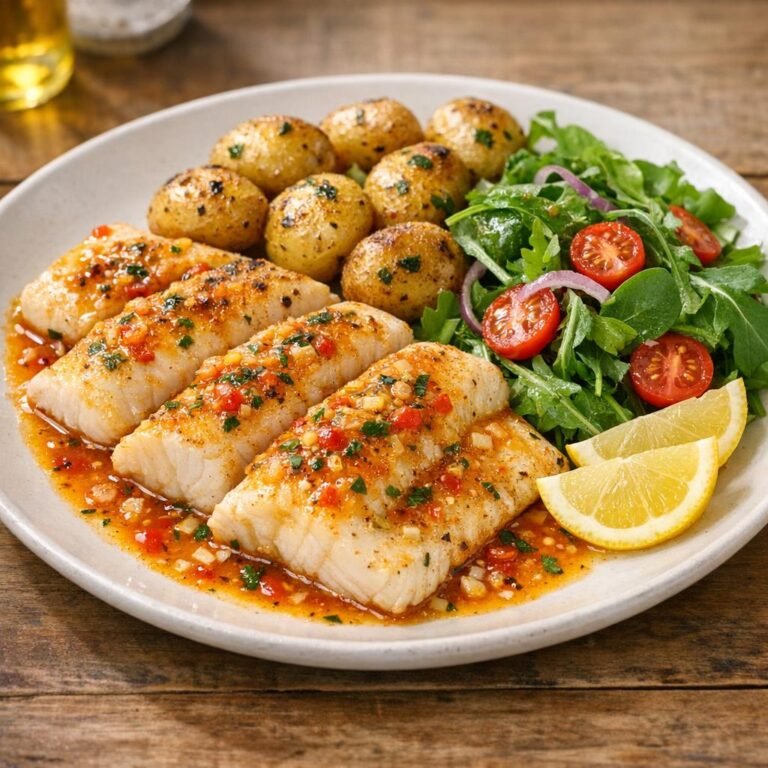 Filets de poisson grillés au piment-citron, pommes de terre rôties et salade croquante avec Purée de Piment Citron Forte