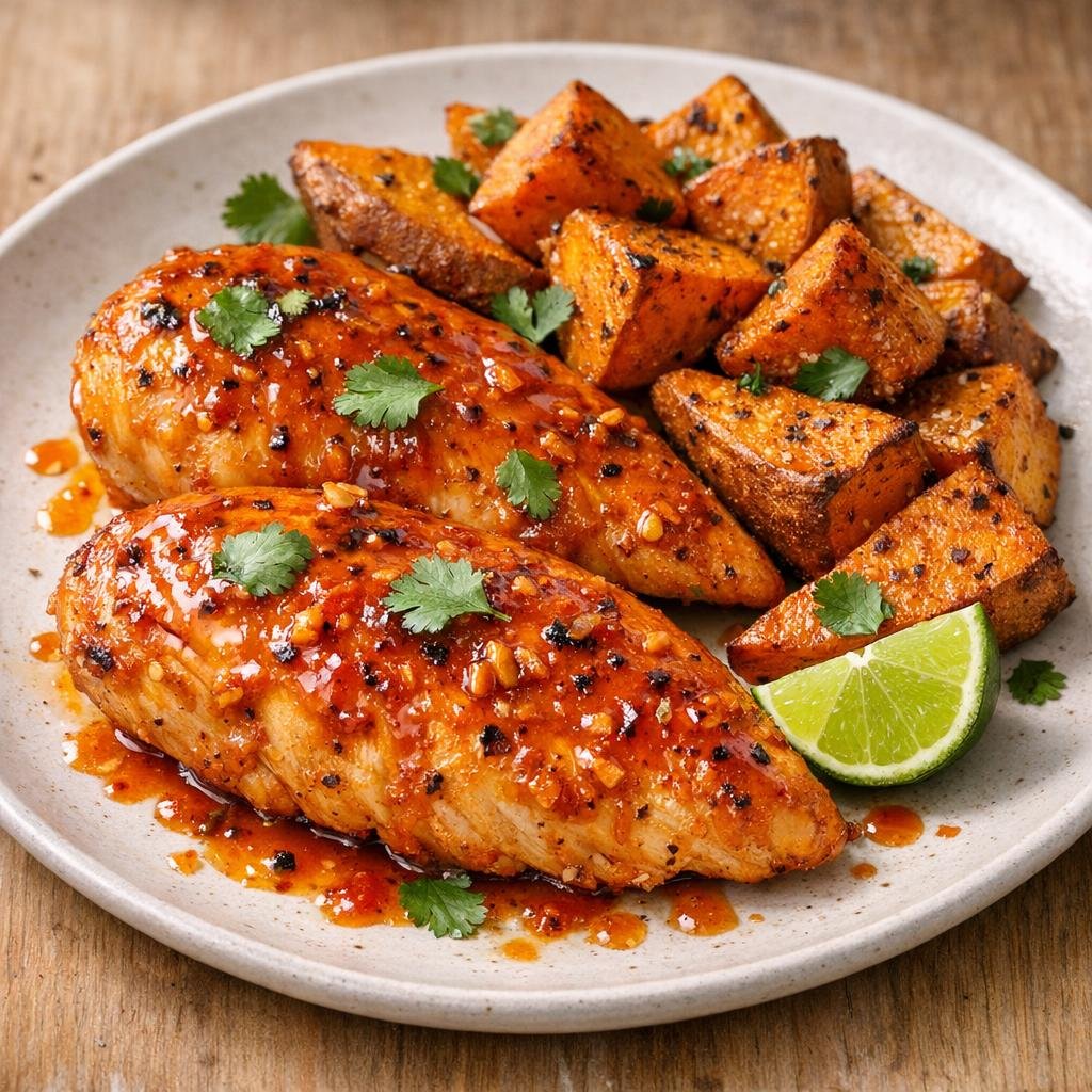 Filets de poulet glacés à la Purée de Piment Ananas Moyenne, patates douces rôties avec Purée de Piment Ananas Moyenne
