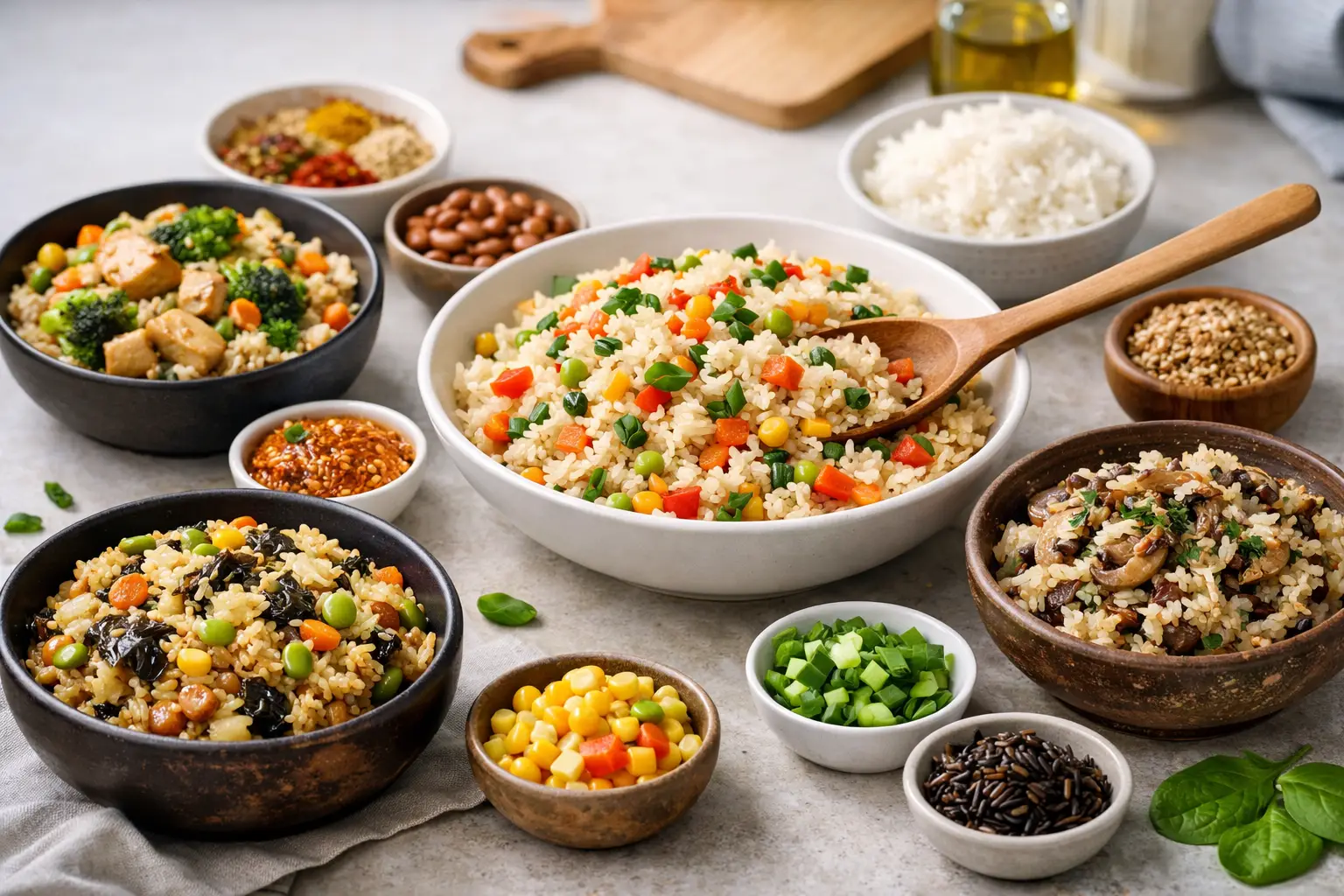 Assortiment de riz aux légumes et épices dans plusieurs bols.