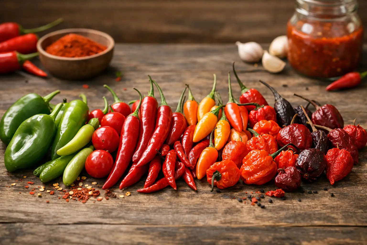 Variété de piments colorés sur une table en bois.