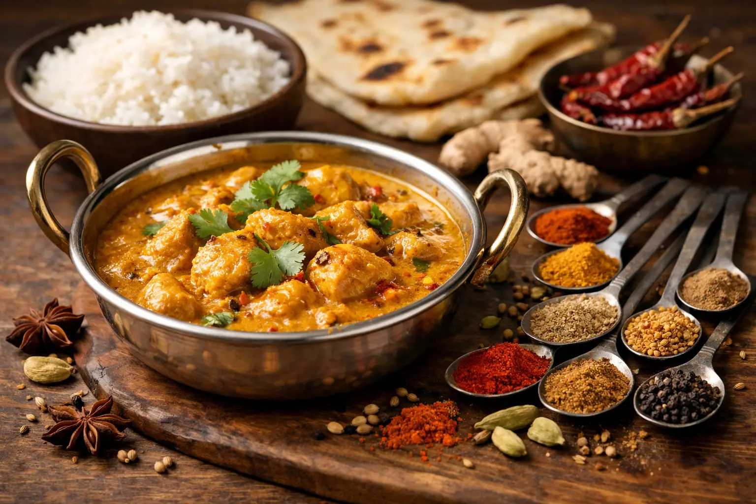 Curry indien avec riz, naan et épices variées sur une table en bois.