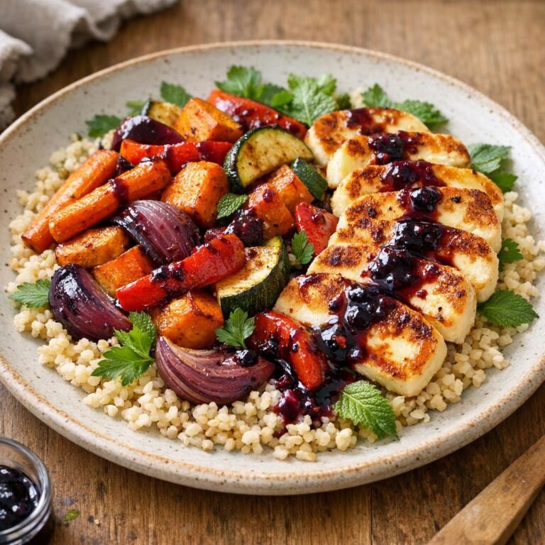 Légumes rôtis et halloumi grillé, boulgour et Sauce piquante Chiliboom à la myrtille avec Sauce piquante Chiliboom à la myrtille