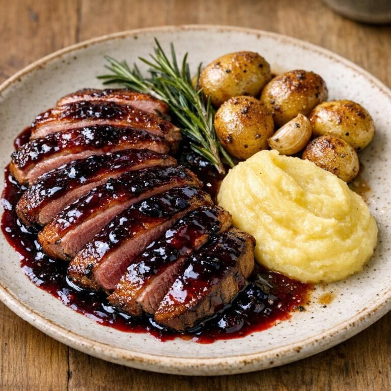 Magret de canard laqué à la Sauce piquante Chiliboom à la myrtille, purée maison et pommes de terre rôties avec Sauce piquante Chiliboom à la myrtille