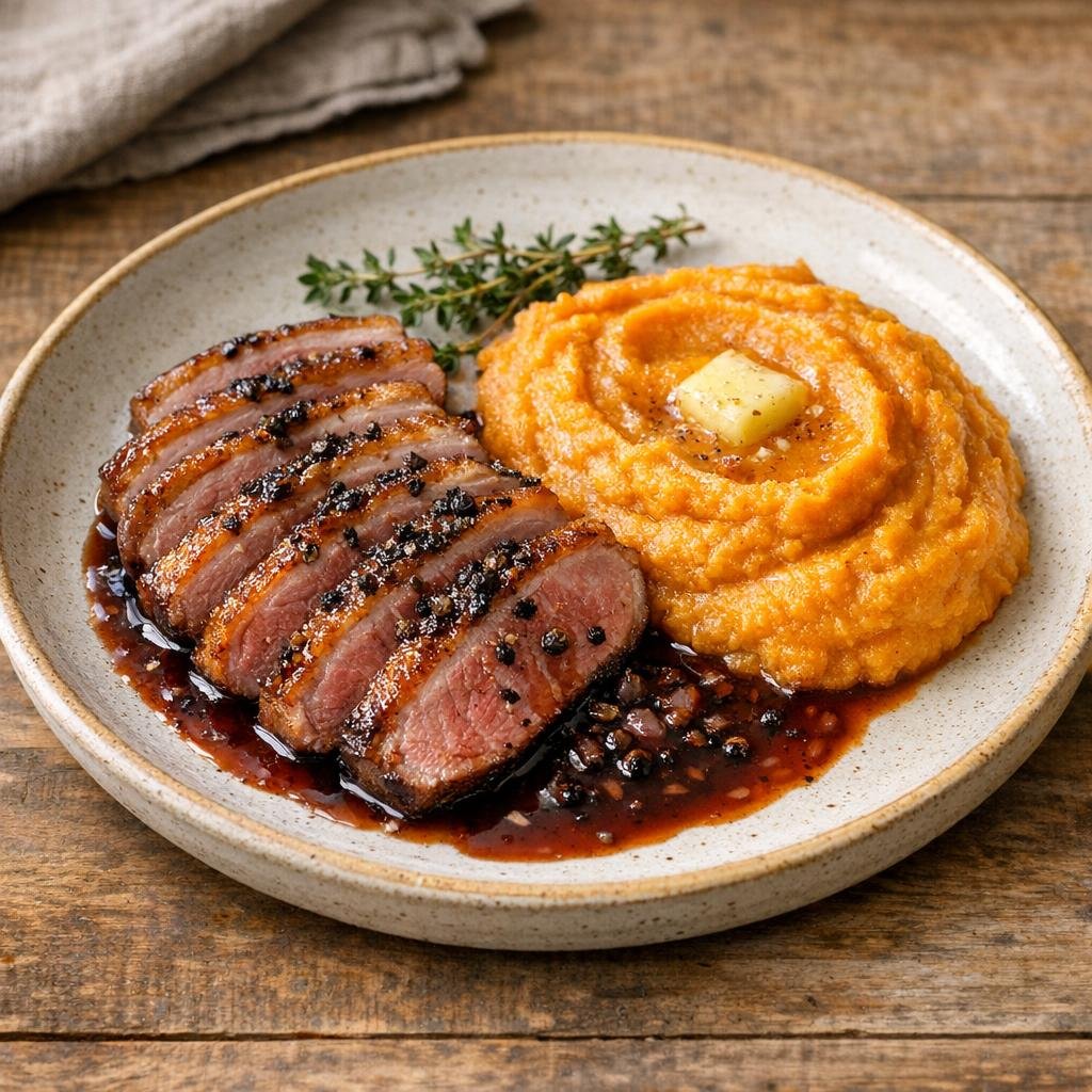 Magret de canard poêlé, jus réduit et Poivre sauvage noir Voatsiperifery avec Poivre sauvage noir Voatsiperifery