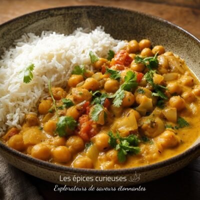 Faites mijoter des pois chiches avec oignon, tomate et lait de coco, puis ajoutez le massalé en début de cuisson. Servez avec du riz et quelques feuilles de coriandre pour un plat simple et parfumé.