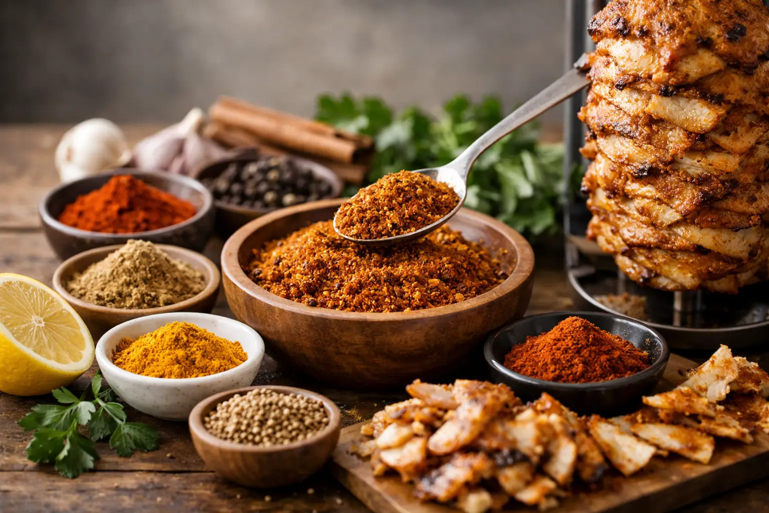 Épices pour shawarma avec viande grillée en arrière-plan.