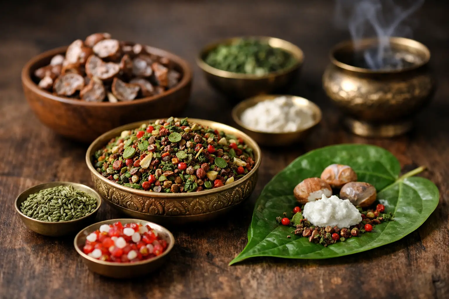 Assortiment d'épices et d'herbes dans des bols en cuivre et en bois.
