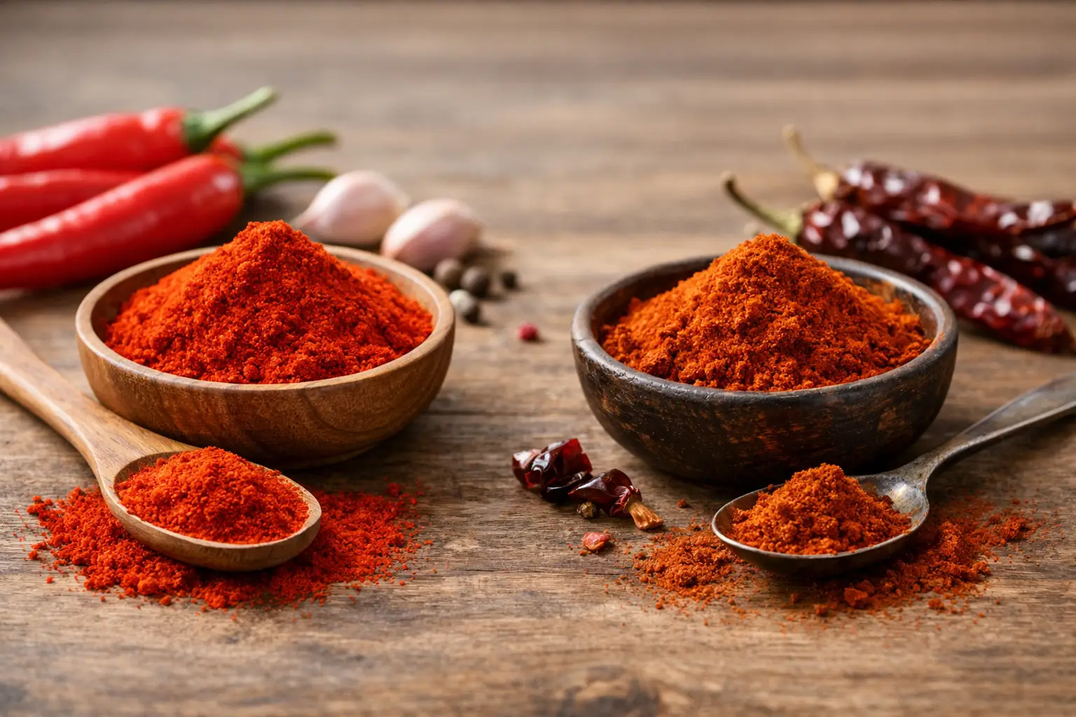 Épices de paprika doux et fumé dans des bols en bois et cuillères.