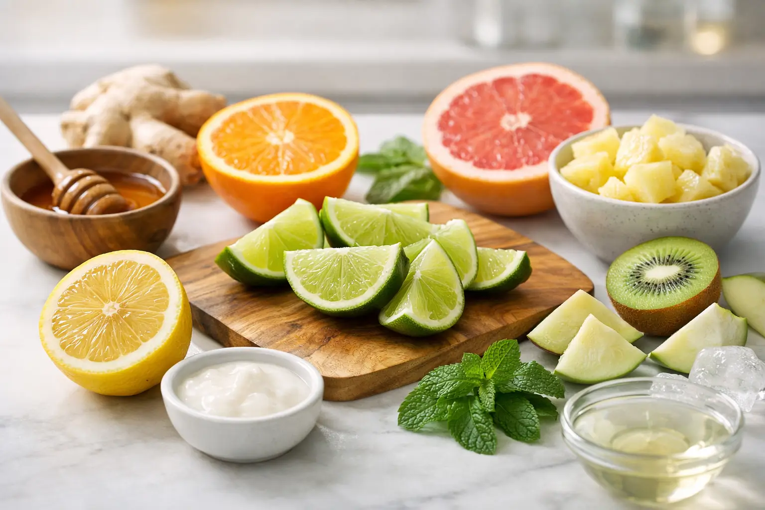 Assortiment de fruits et miel pour remplacer le citron vert.