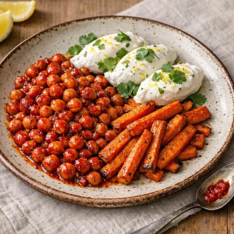 Pois chiches rôtis au piment rouge, carottes confites et yaourt frais (végétarien) avec Purée de Piment Rouge Artisanale – Force 2/5 - 85G