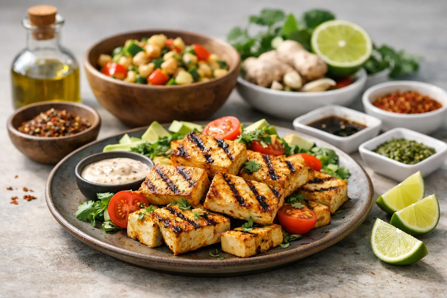 Tofu grillé avec légumes et sauces sur une assiette.