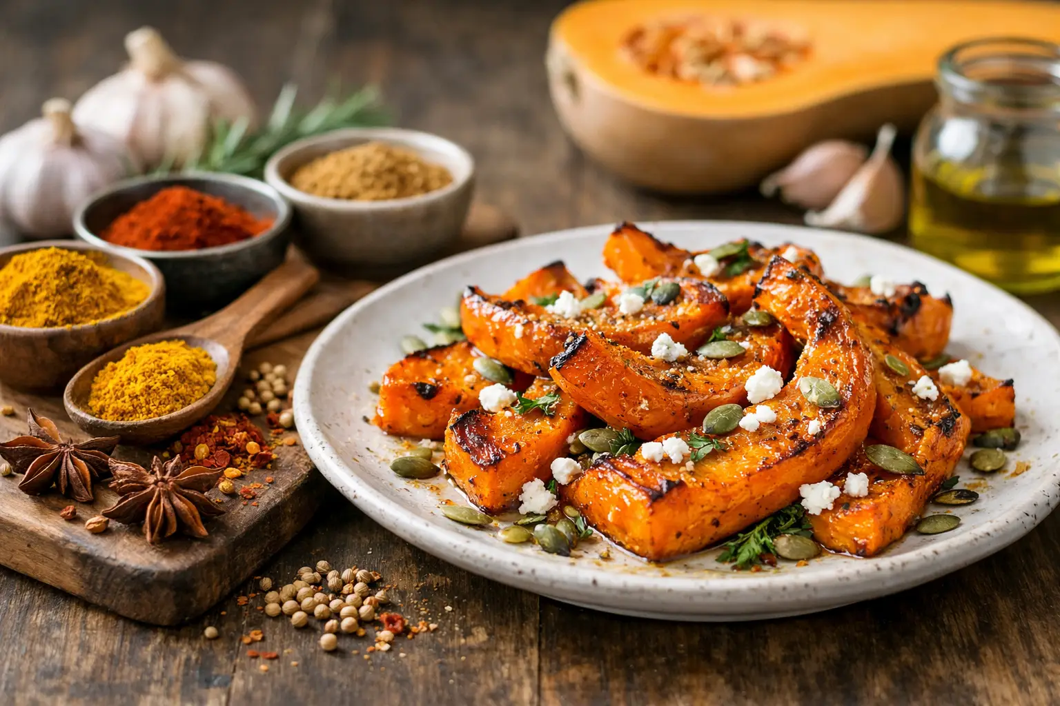 Courge rôtie assaisonnée avec épices et graines sur une assiette.