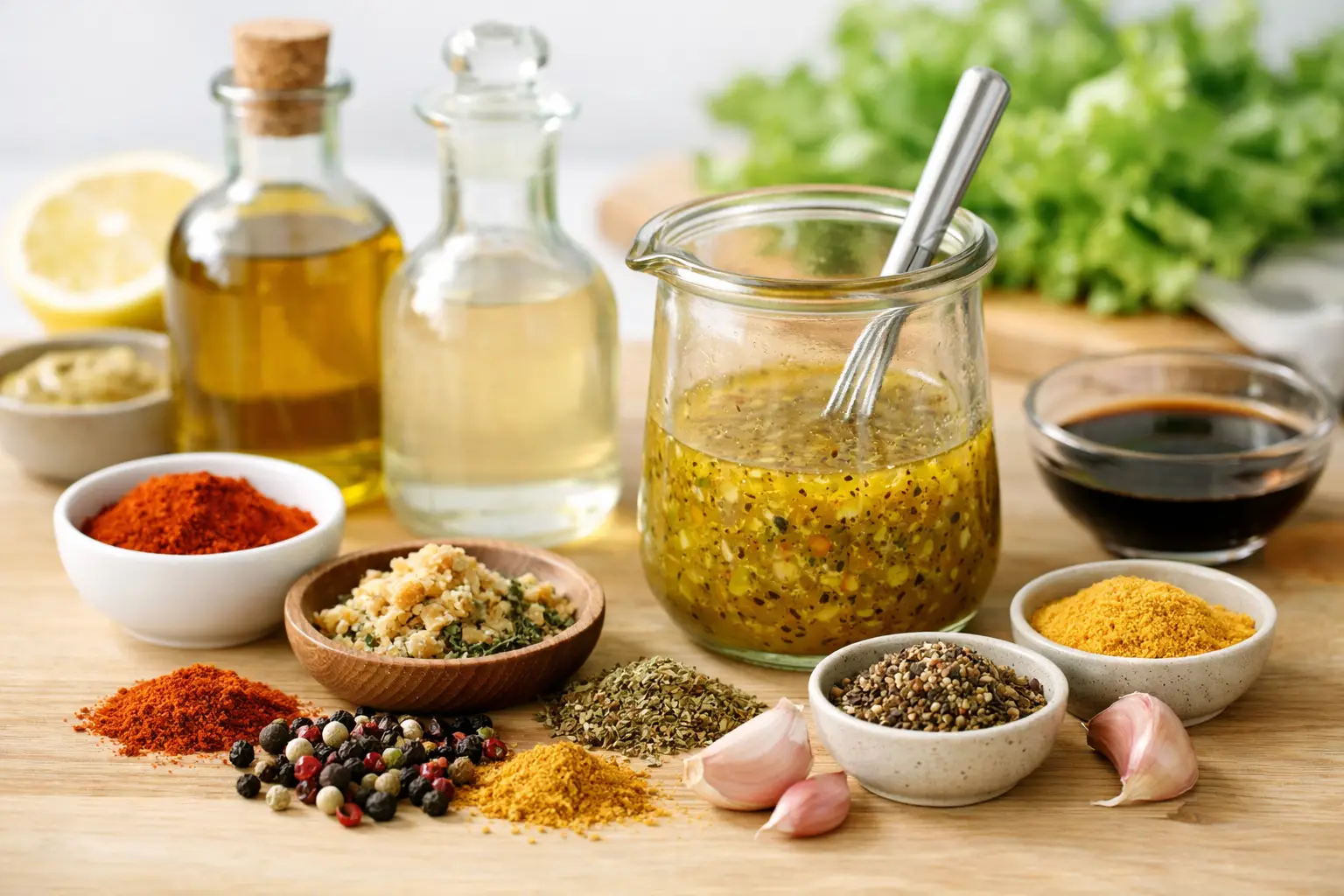 Vinaigrette maison avec épices et huiles sur une table en bois.