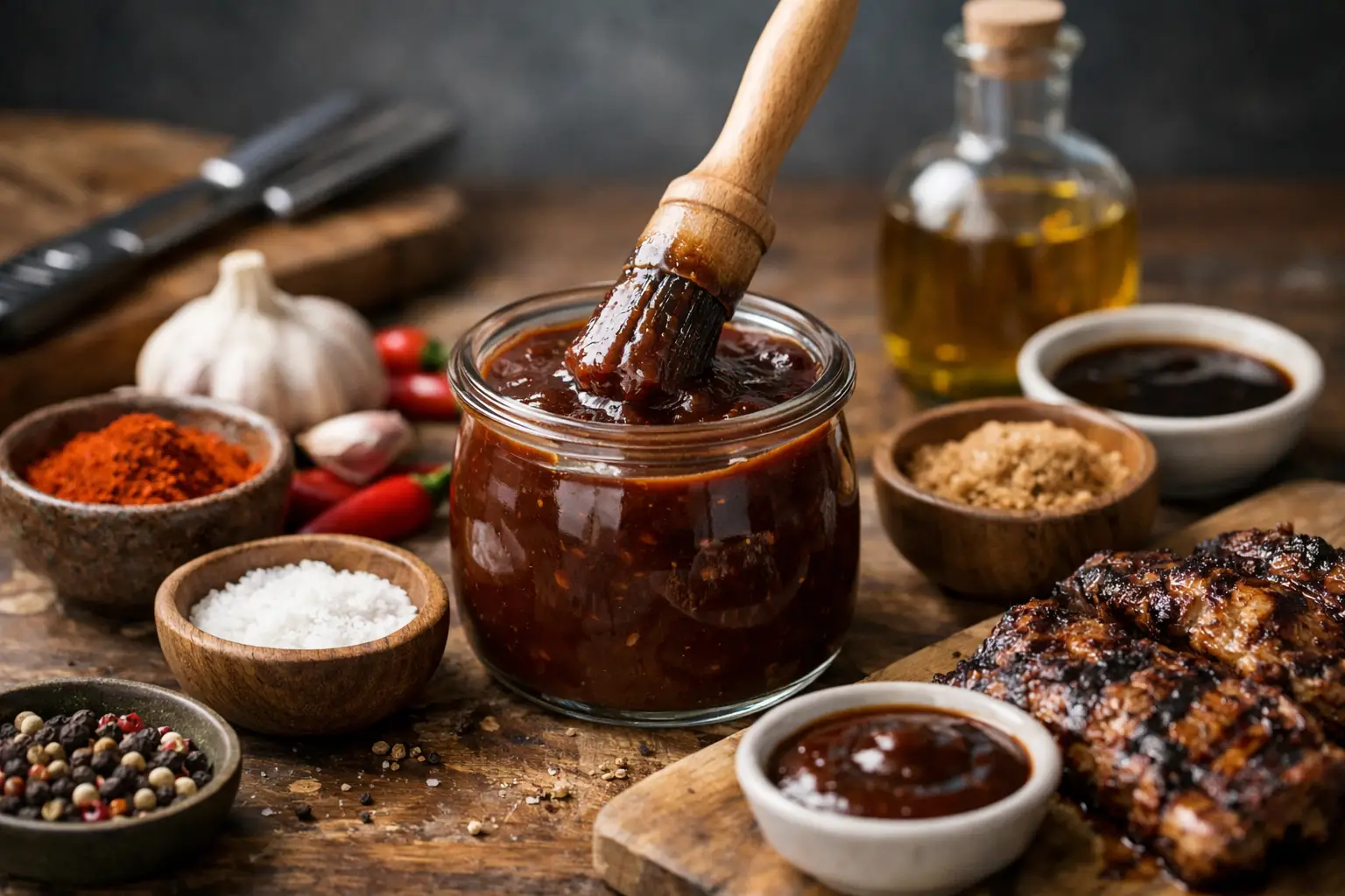 Sauce barbecue maison dans un pot en verre avec ingrédients autour.