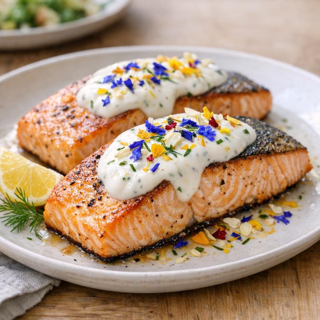 Saumon rôti, yaourt citronné et Éclats Floraux avec Éclats Floraux - Fleurs comestibles