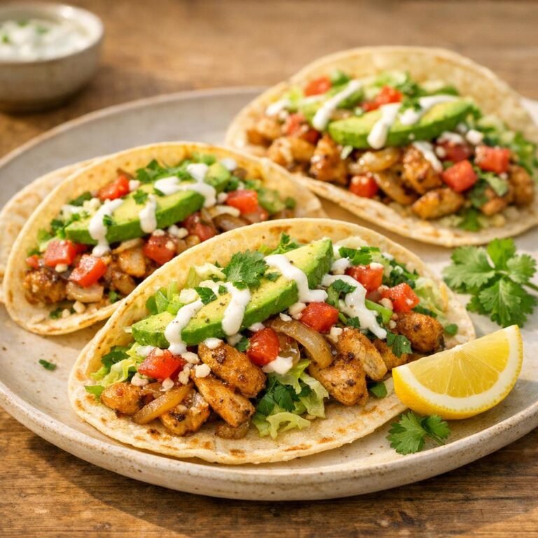 Tacos de poulet doré avec salade croquante et crème citronnée.