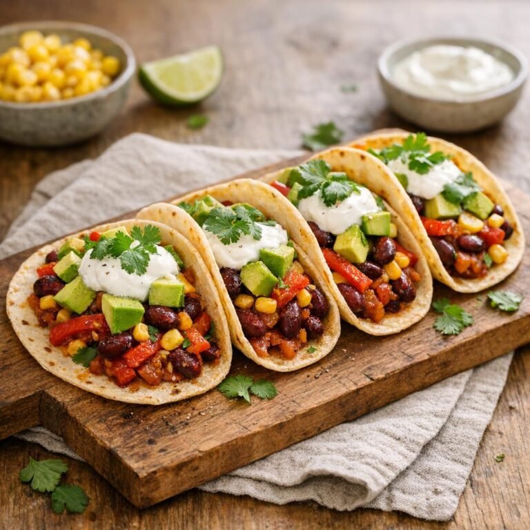 Tacos végétariens aux haricots rouges, maïs, avocat et coriandre sur une planche en bois.