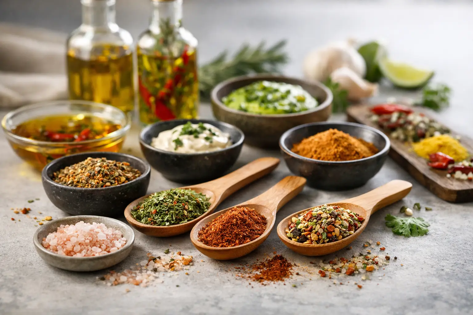 Assortiment d'épices et d'herbes dans des bols en bois et en céramique.