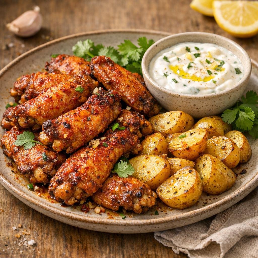 Ailes de poulet épicées au Piment Rechi et pommes rôties avec Piment Rechi en poudre