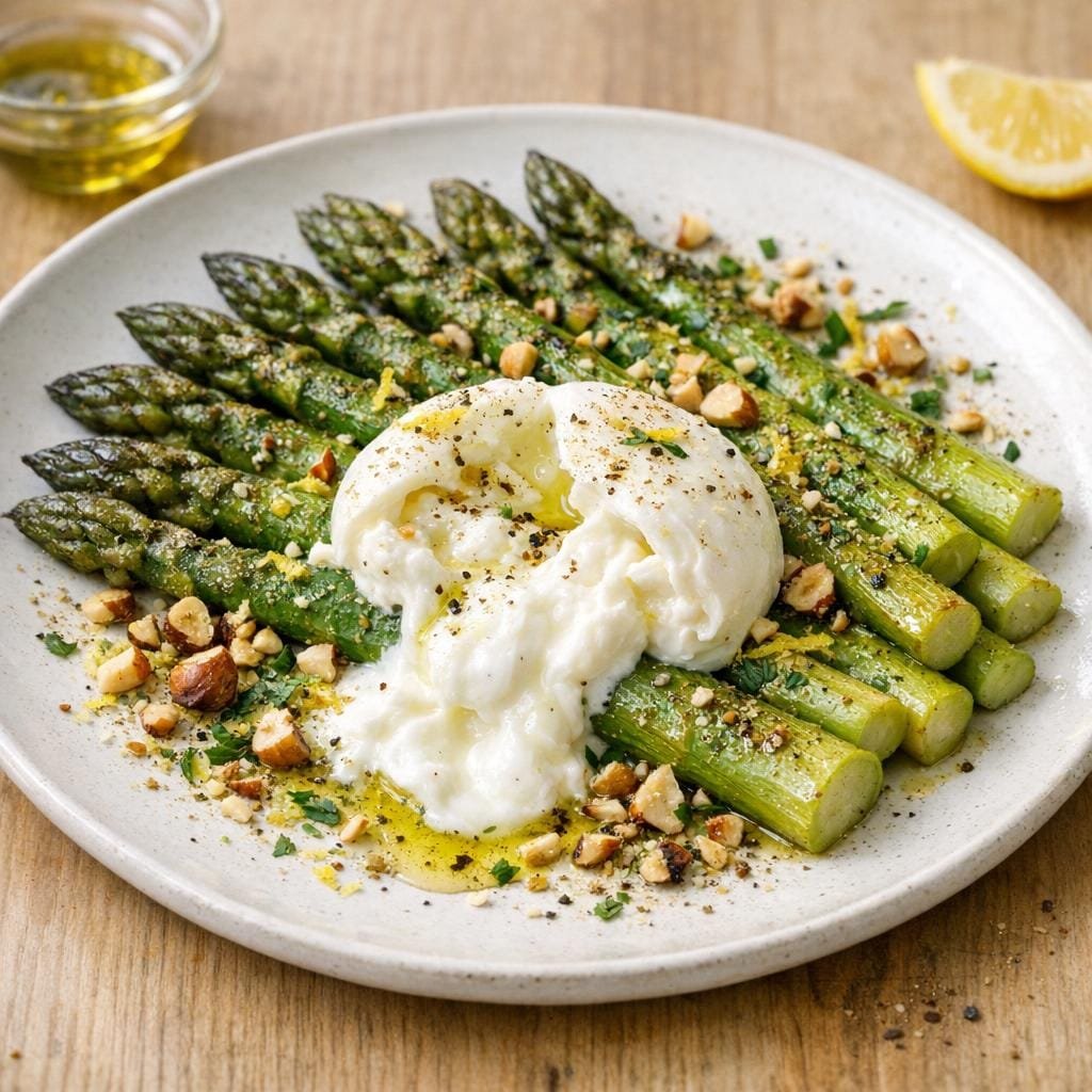 asperges rôties burrata