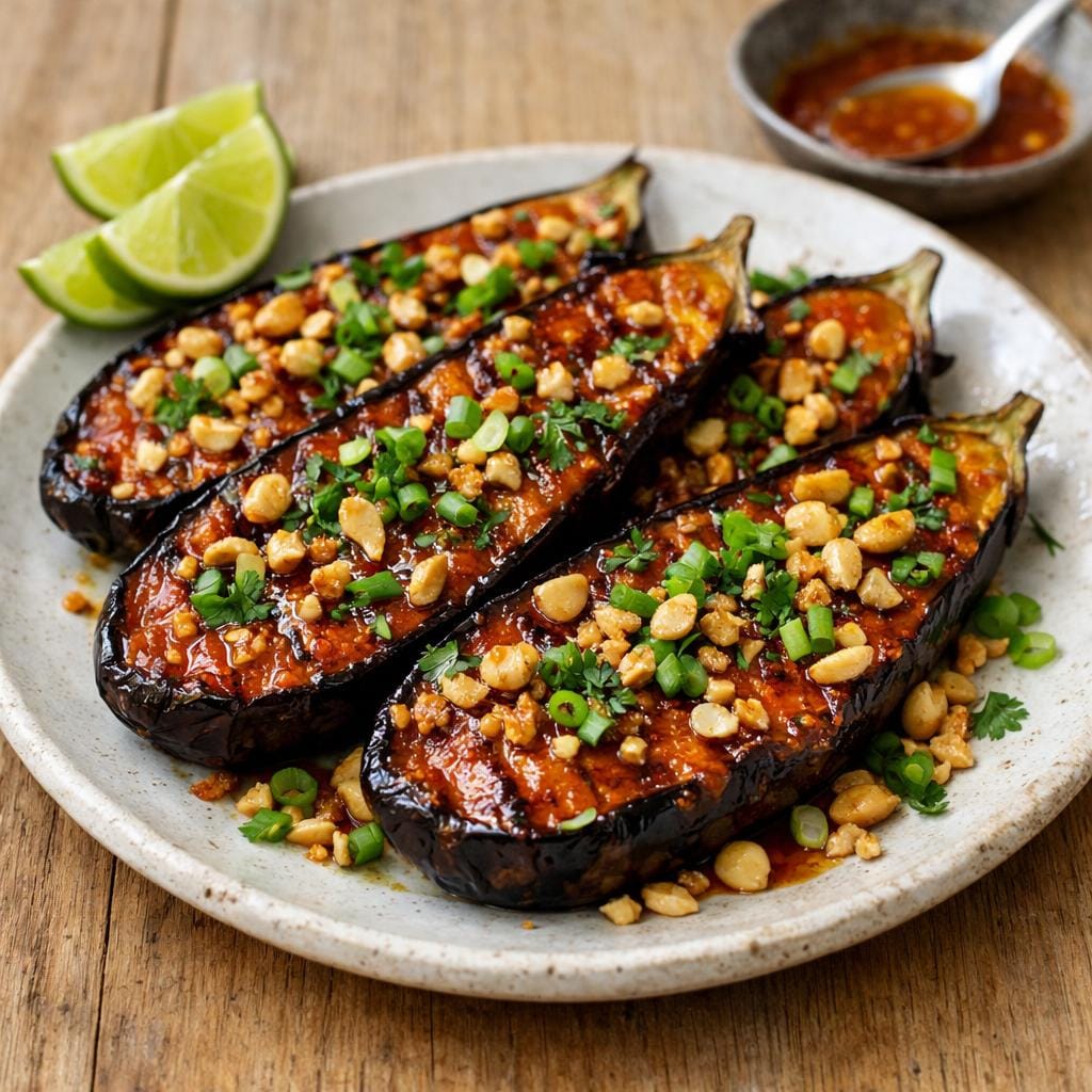 Aubergines laquées Thaï Bird et cacahuètes croustillantes