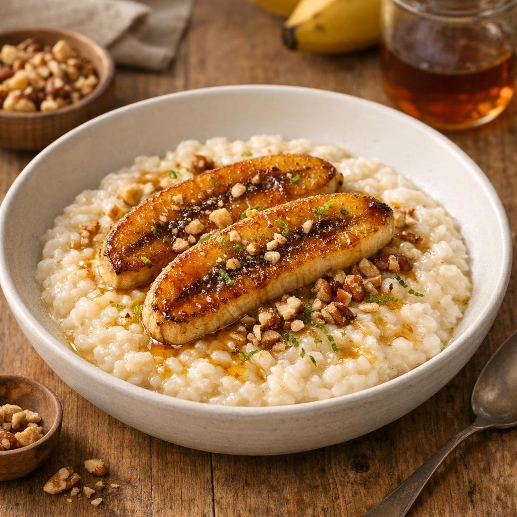 Banane Gros Michel poêlée sur riz au lait onctueux avec Banane Gros Michel du Cameroun