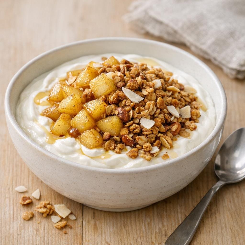 Bol gourmand au Granola Nature Réconfortant, poire et crème avec Granola Nature Réconfortant