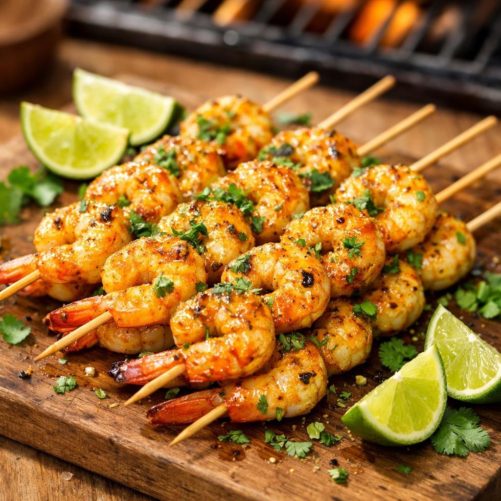 Brochettes de gambas au curry