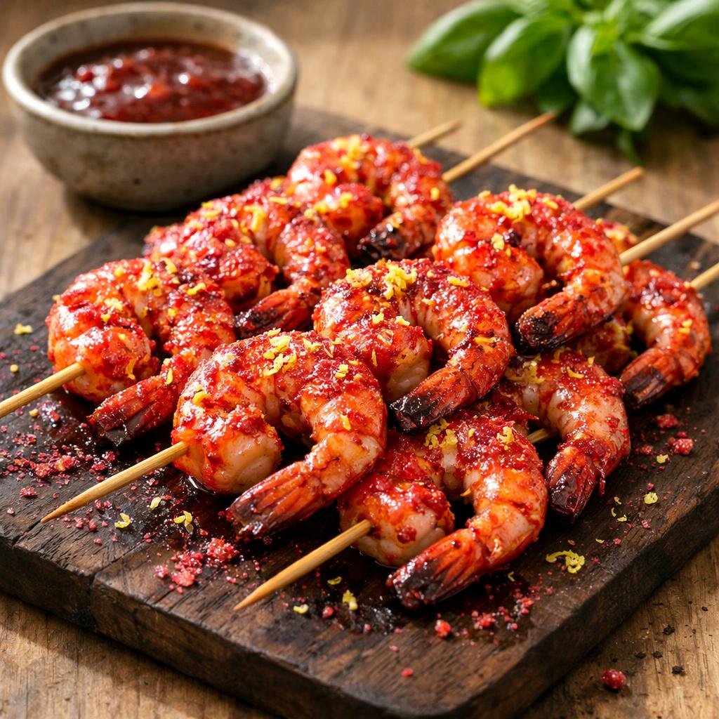 Brochettes de gambas framboise