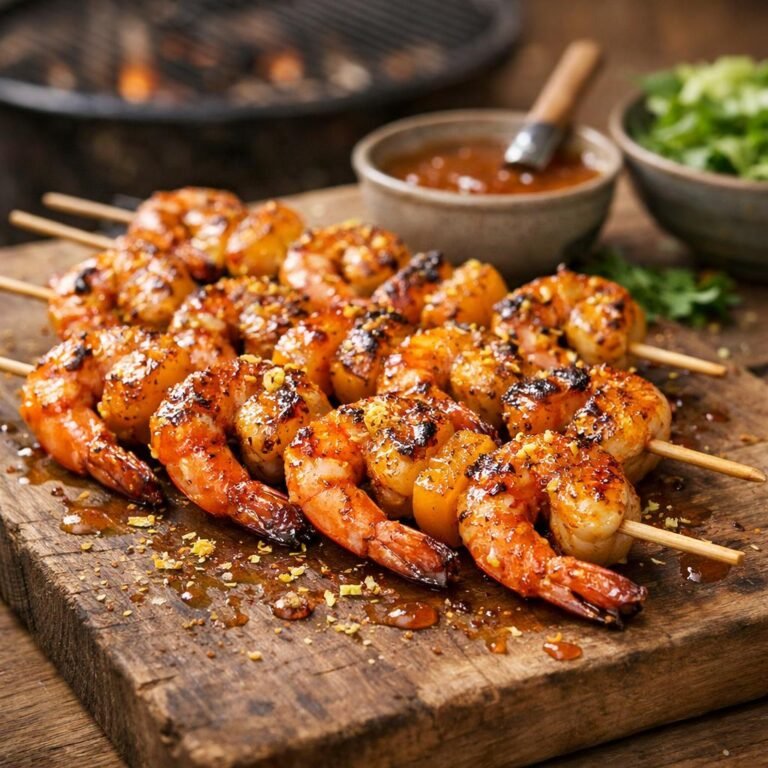 Brochettes de gambas laquées