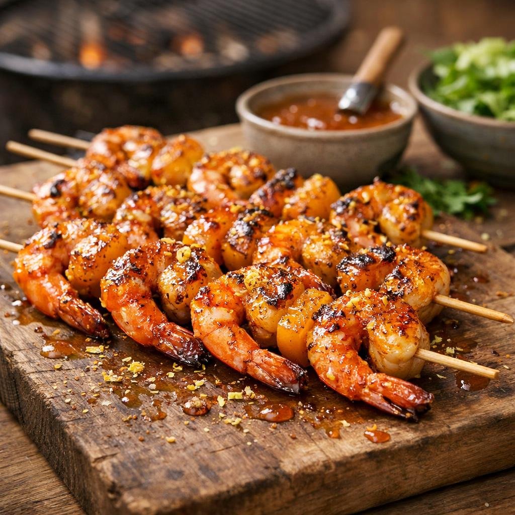 Brochettes de gambas laquées