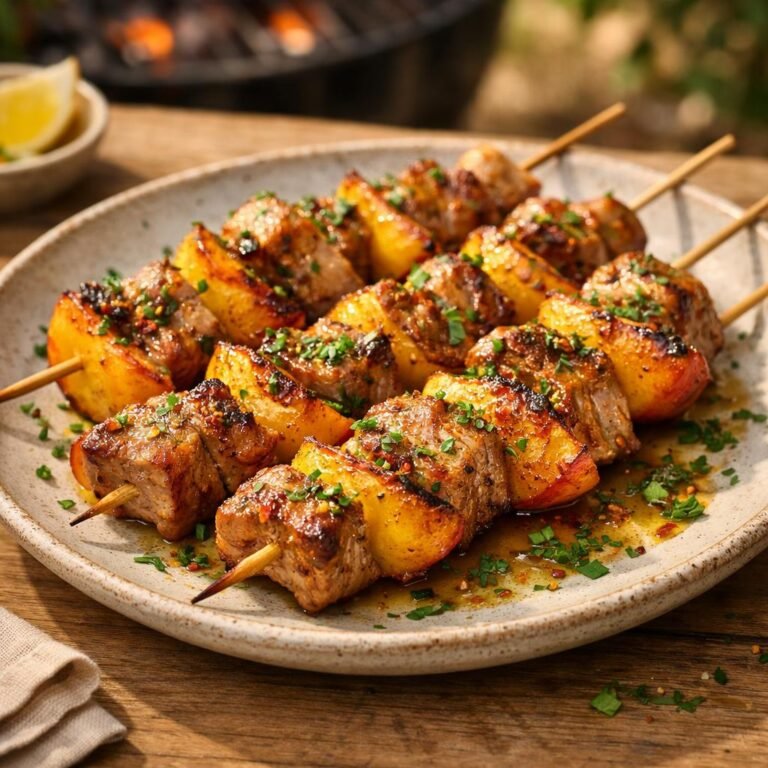 Brochettes de porc et pêches