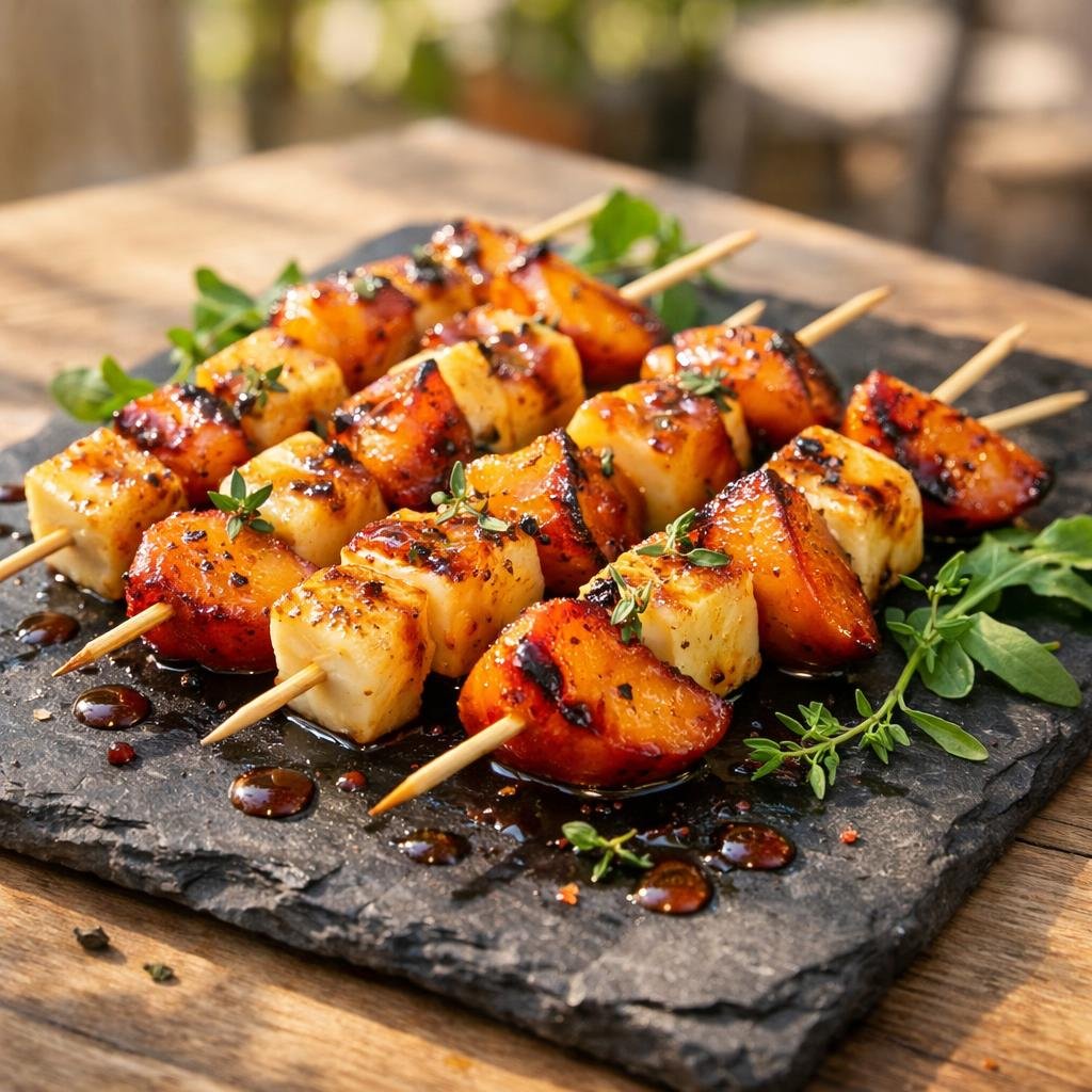 brochettes halloumi et pêche