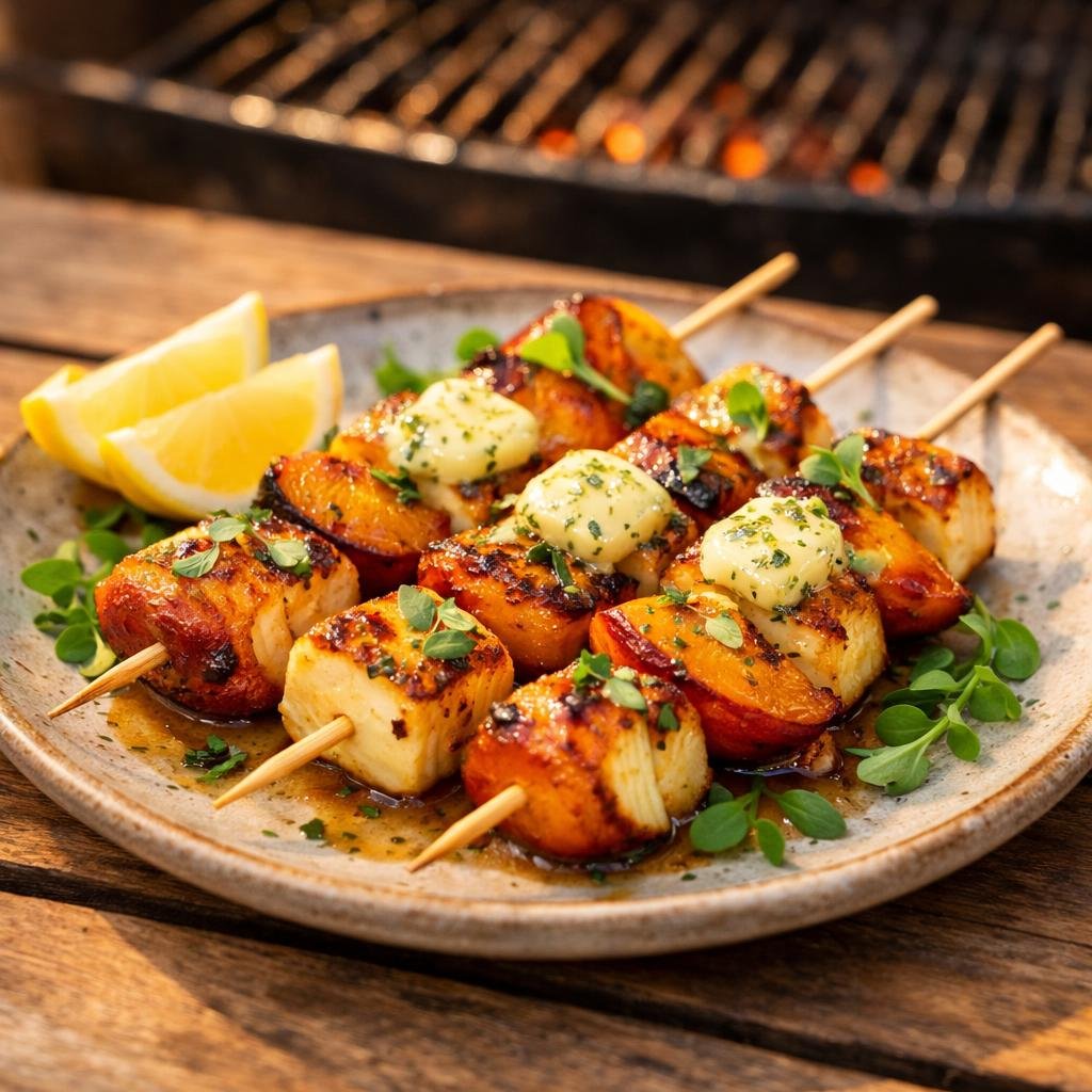brochettes halloumi pêches
