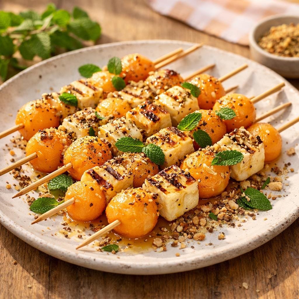 Brochettes melon halloumi