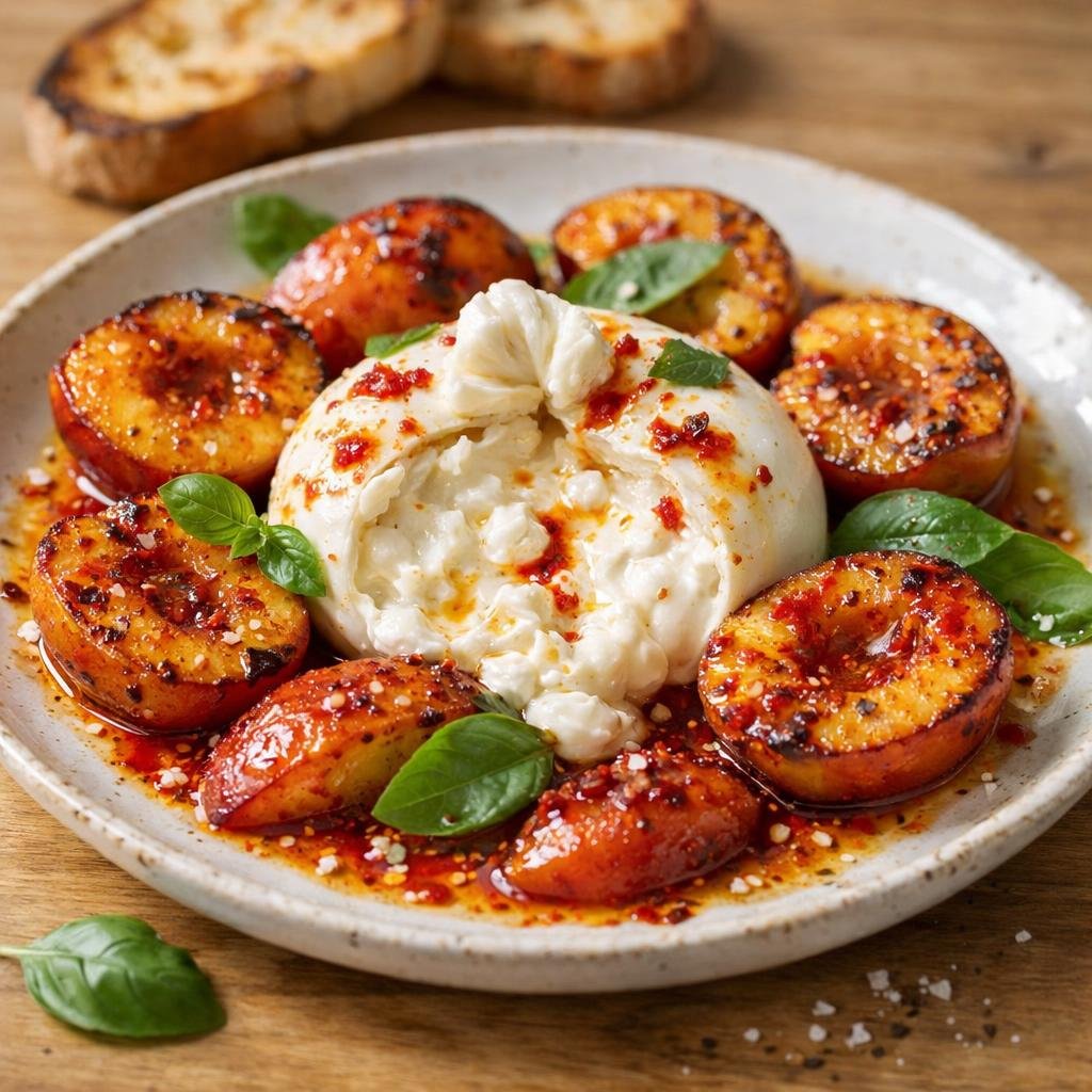 Burrata pêches pimentées