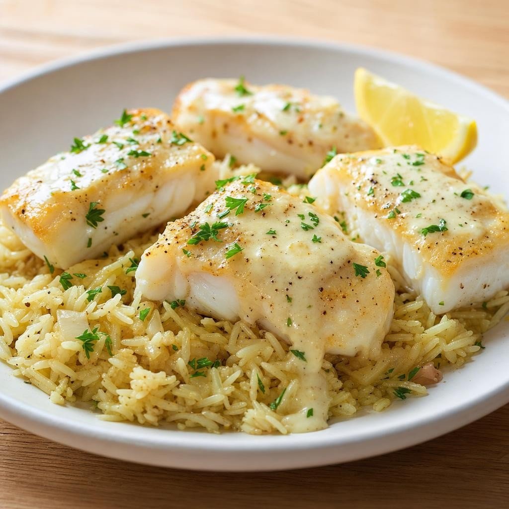 Cabillaud rôti doucement au Poivre blanc Muntok, sauce crème citronnée et riz pilaf avec Poivre blanc Muntok